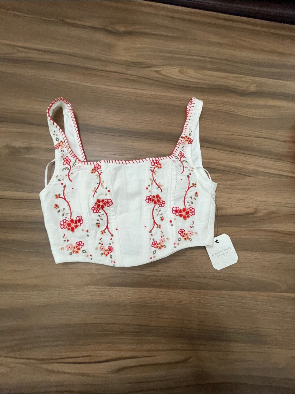 NWT Altar'd State white crop top with red floral embroidery, size XS
